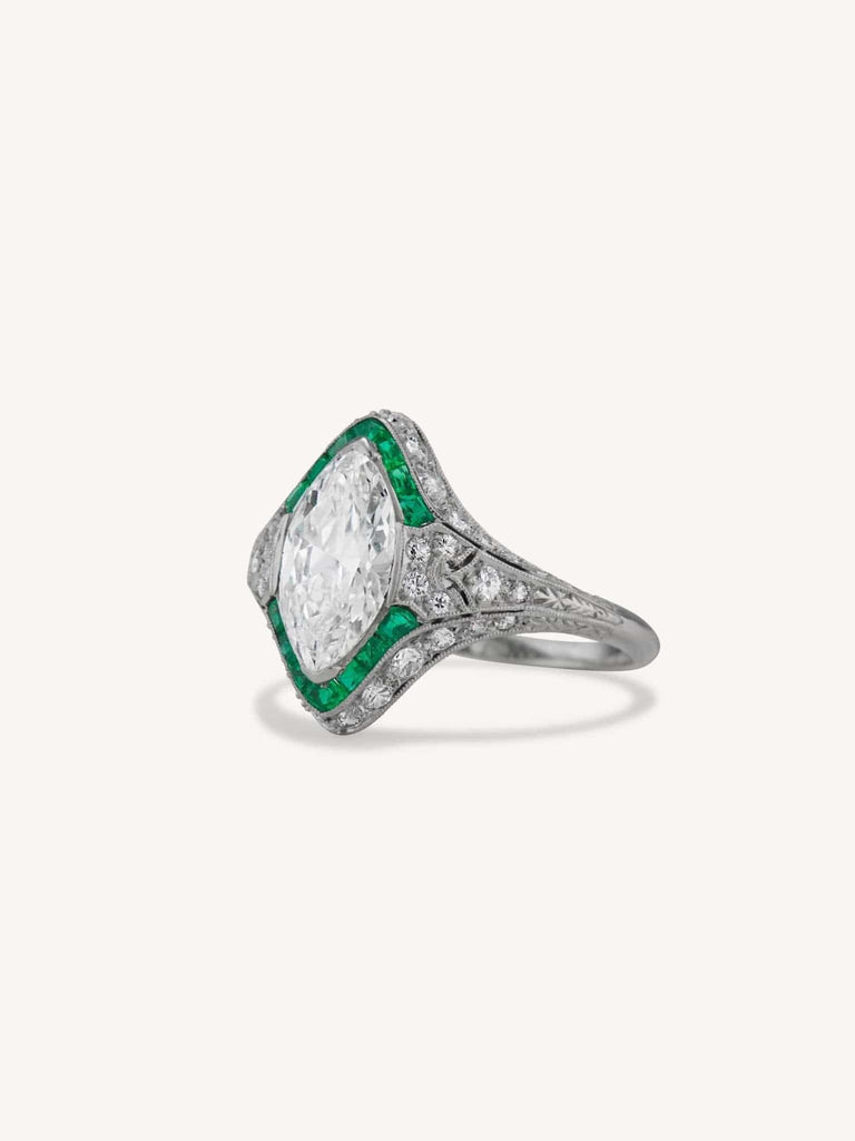 Art Deco 1.55 Carat Marquise Cut Diamond and Emerald Ring