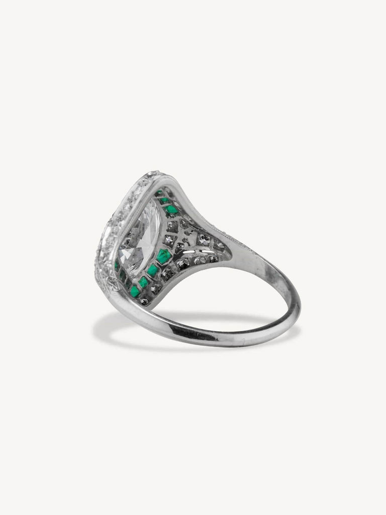 Art Deco 1.55 Carat Marquise Cut Diamond and Emerald Ring