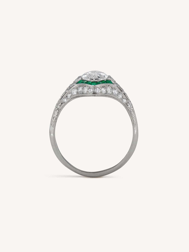 Art Deco 1.55 Carat Marquise Cut Diamond and Emerald Ring