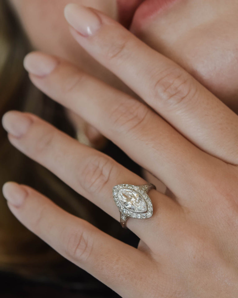 Art Deco 1.58 Carat Marquise Diamond Navette Engagement Ring