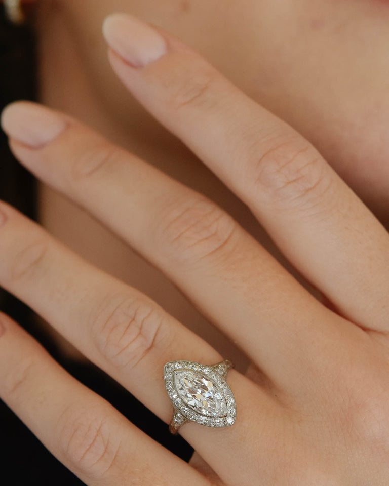 Art Deco 1.58 Carat Marquise Diamond Navette Engagement Ring