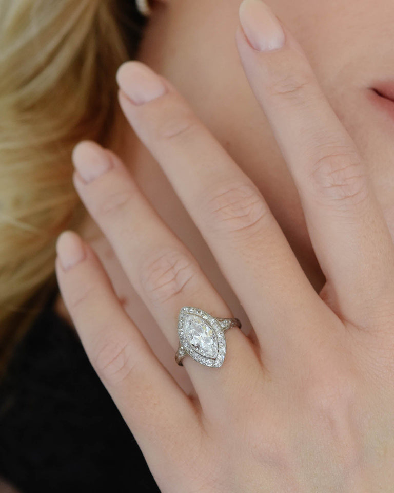 Art Deco 1.58 Carat Marquise Diamond Navette Engagement Ring