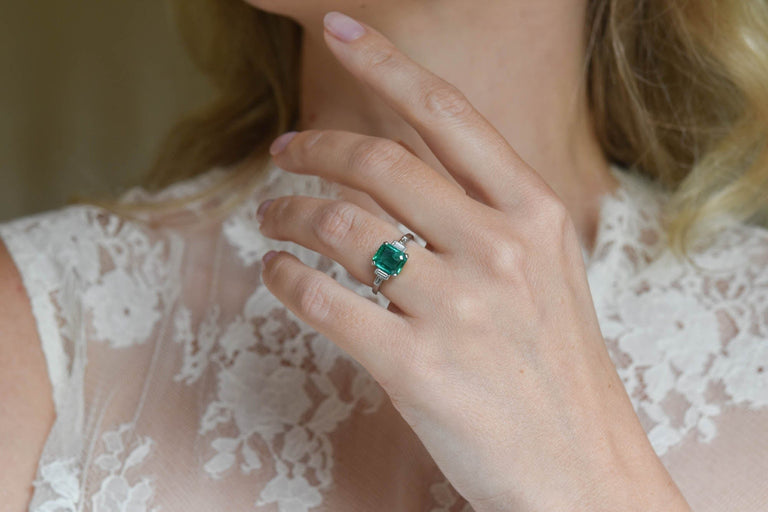 Art Deco 1.60 Carat Emerald & Diamond Engagement Ring