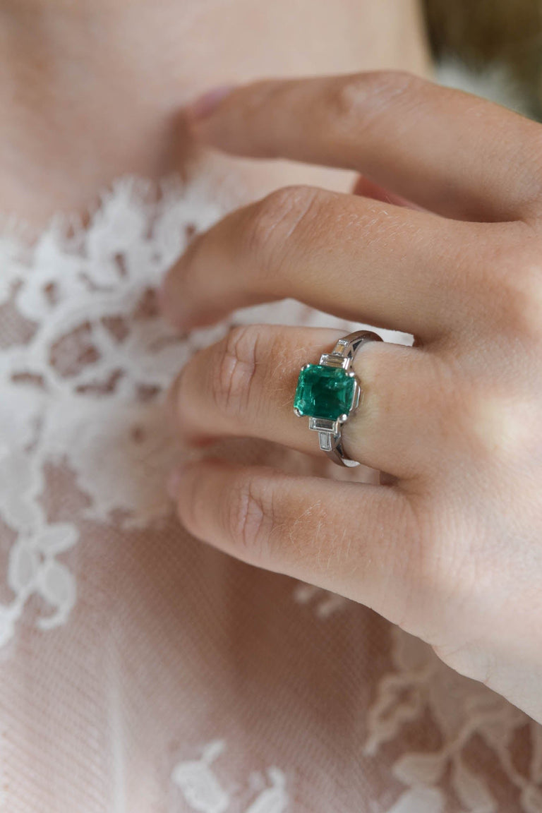Art Deco 1.60 Carat Emerald & Diamond Engagement Ring