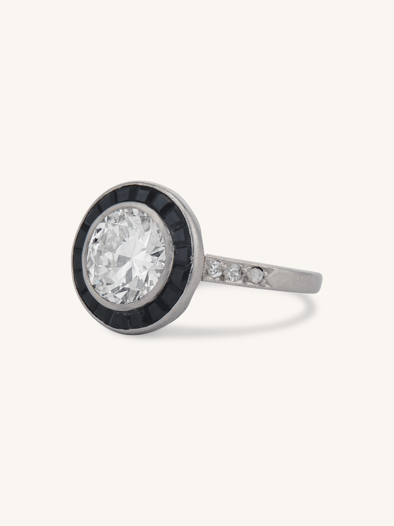 Art Deco 1.60 Carat Old European Cut Diamond Onyx Halo Vintage Engagement Ring, France