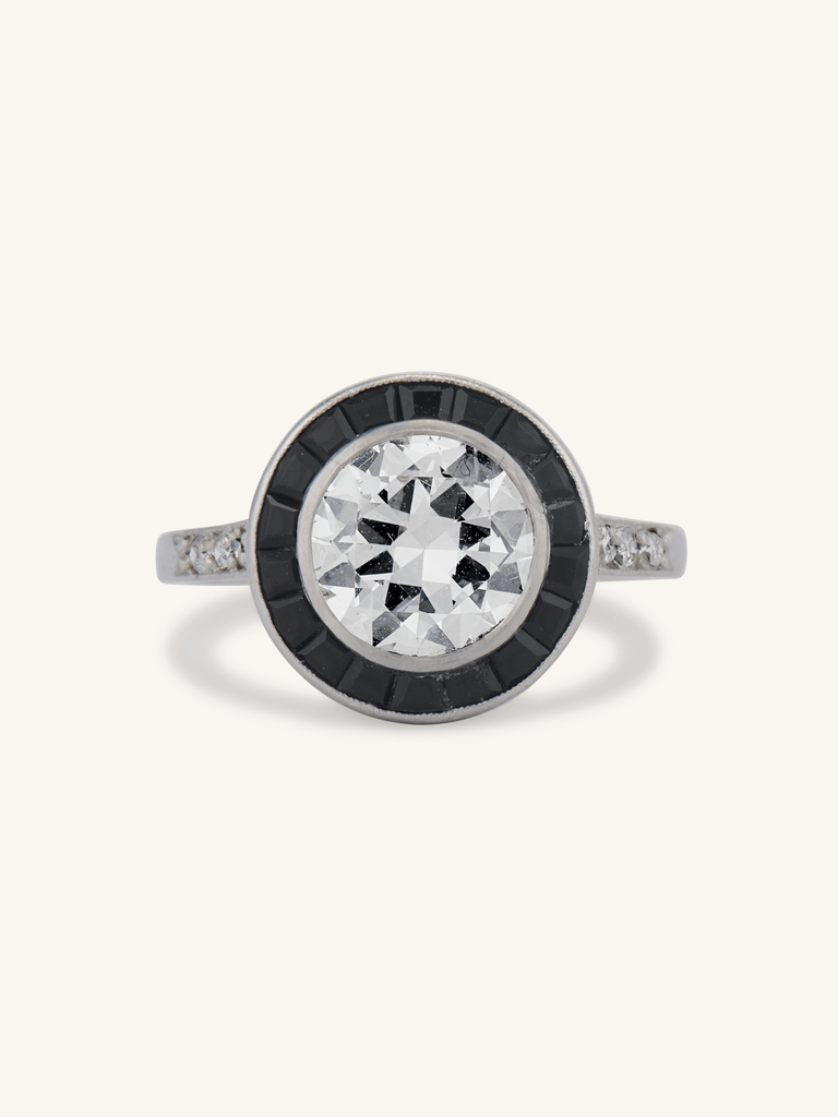 Art Deco 1.60 Carat Old European Cut Diamond Onyx Halo Vintage Engagement Ring, France