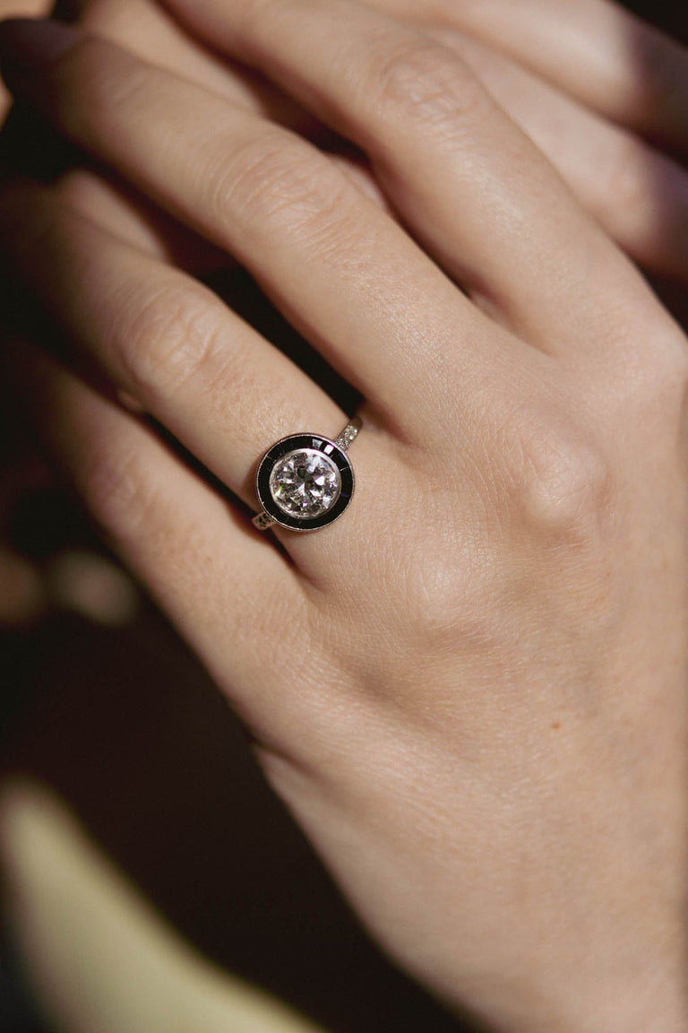 Art Deco 1.60 Carat Old European Cut Diamond Onyx Halo Vintage Engagement Ring, France