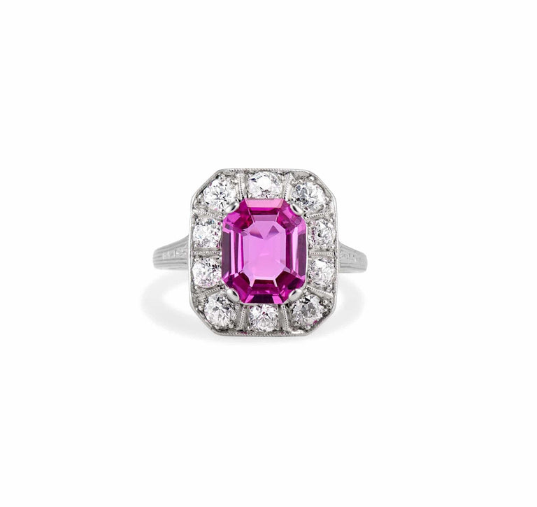 Art Deco 2.09 Octagonal Pink Sapphire and Diamond Ring