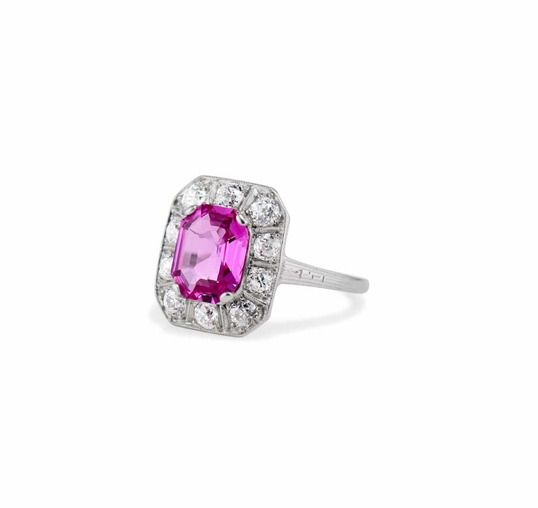 Art Deco 2.09 Octagonal Pink Sapphire and Diamond Ring