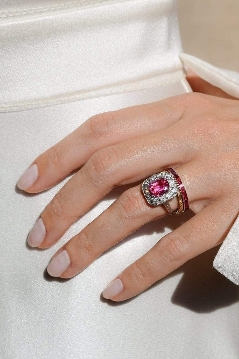 Art Deco 2.09 Octagonal Pink Sapphire and Diamond Ring