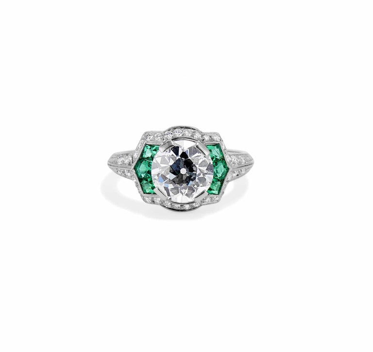 Art Deco 2.12 Carat Diamond & Emerald Ring