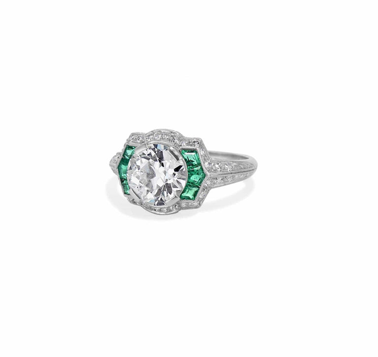 Art Deco 2.12 Carat Diamond & Emerald Ring
