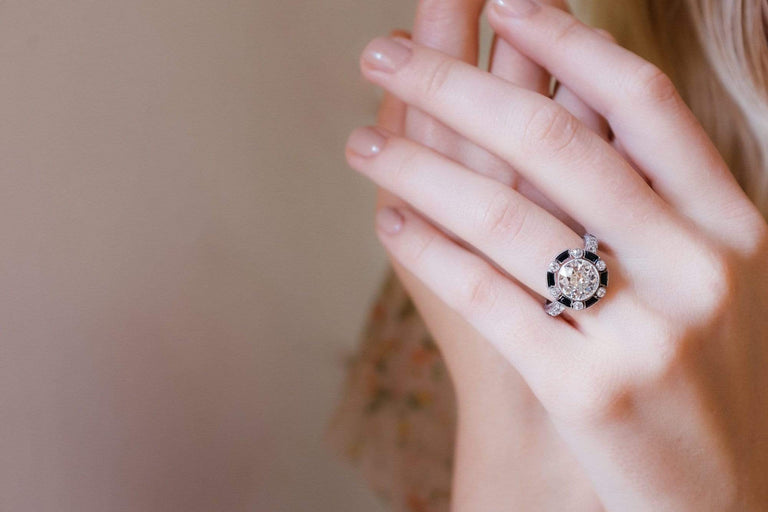 Art Deco 2.30 Carat Old European Cut Diamond & Black Onyx Ring