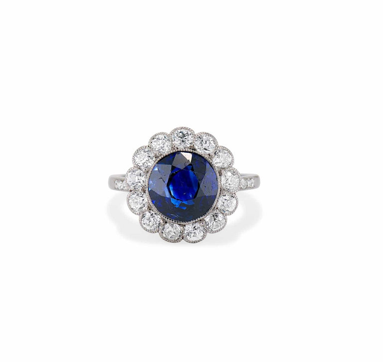 Art Deco 2.50 Carat Sapphire and Diamond Cluster Engagement Ring