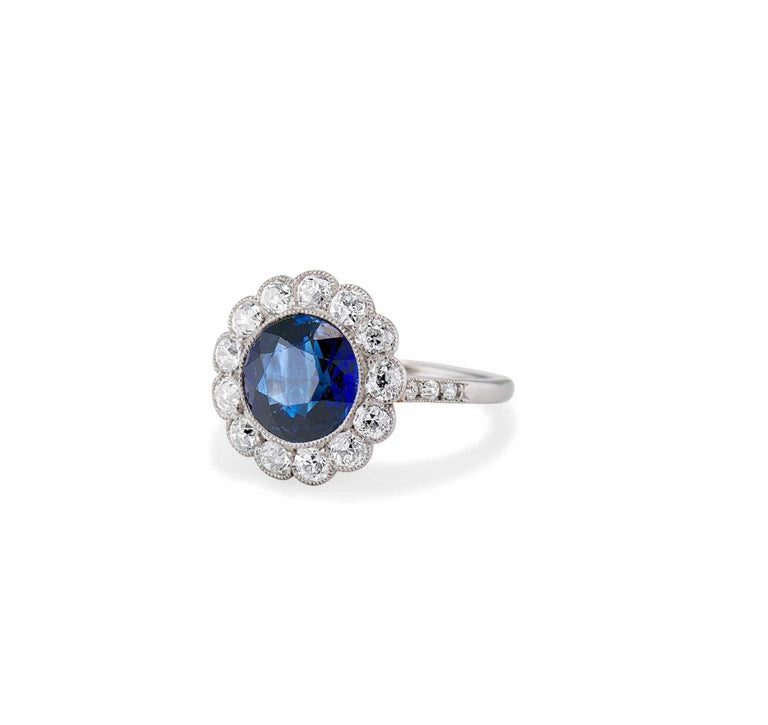 Art Deco 2.50 Carat Sapphire and Diamond Cluster Engagement Ring