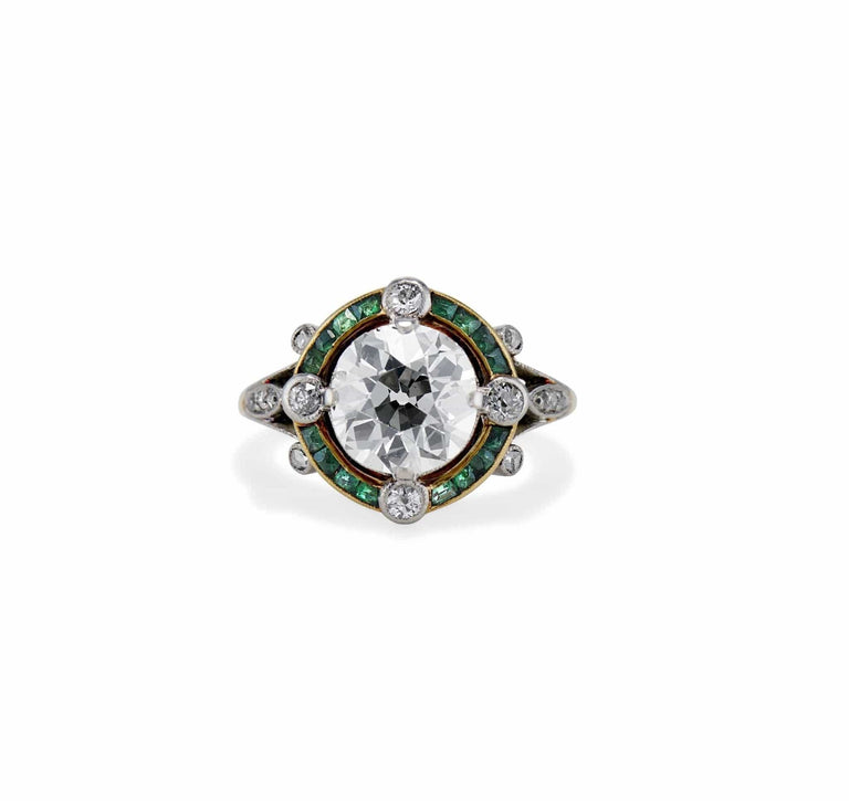 Art Deco 2.62 Old European Diamond and Emerald Ring