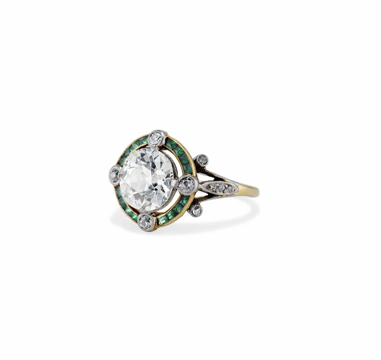 Art Deco 2.62 Old European Diamond and Emerald Ring