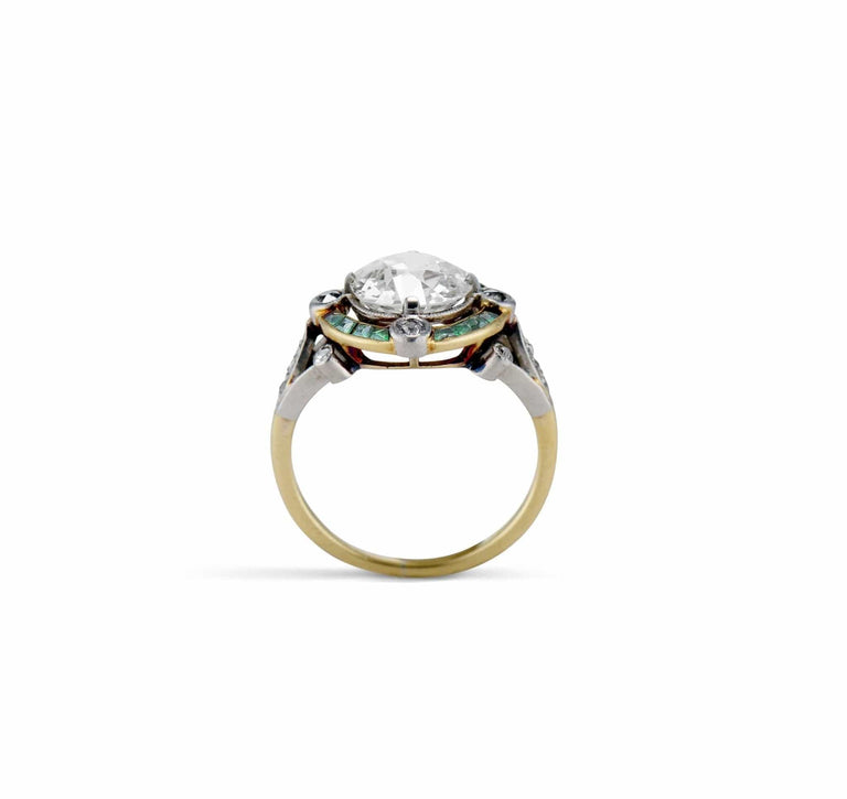 Art Deco 2.62 Old European Diamond and Emerald Ring