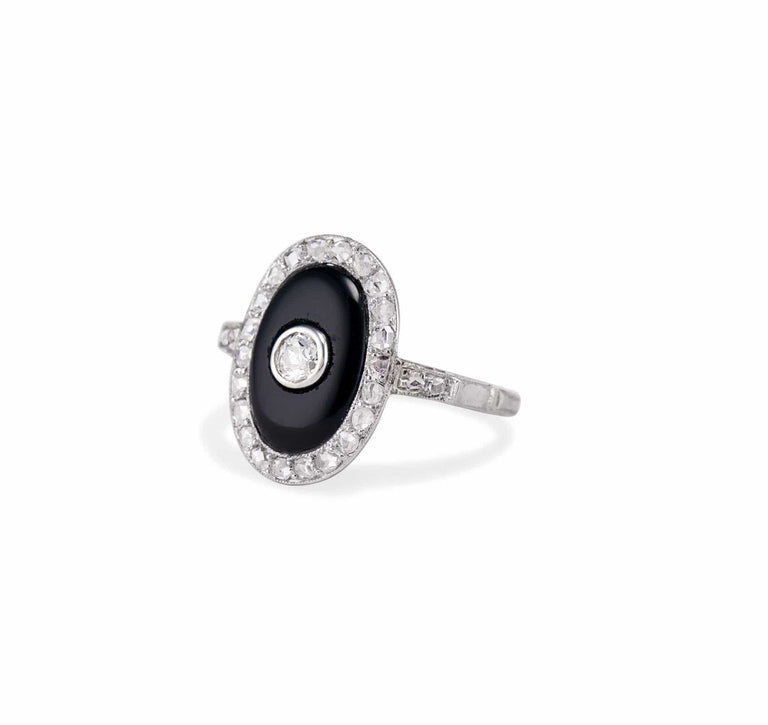 Art Deco .22 Old European Diamond and Onyx Ring