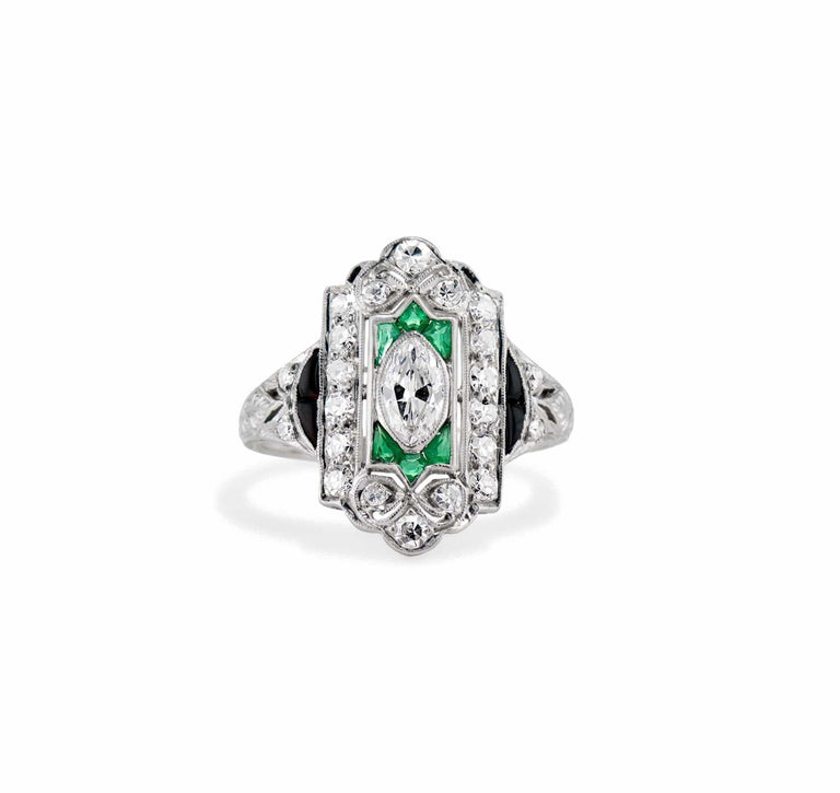 Art Deco .35 Carat Diamond Emerald and Onyx Engagement Ring