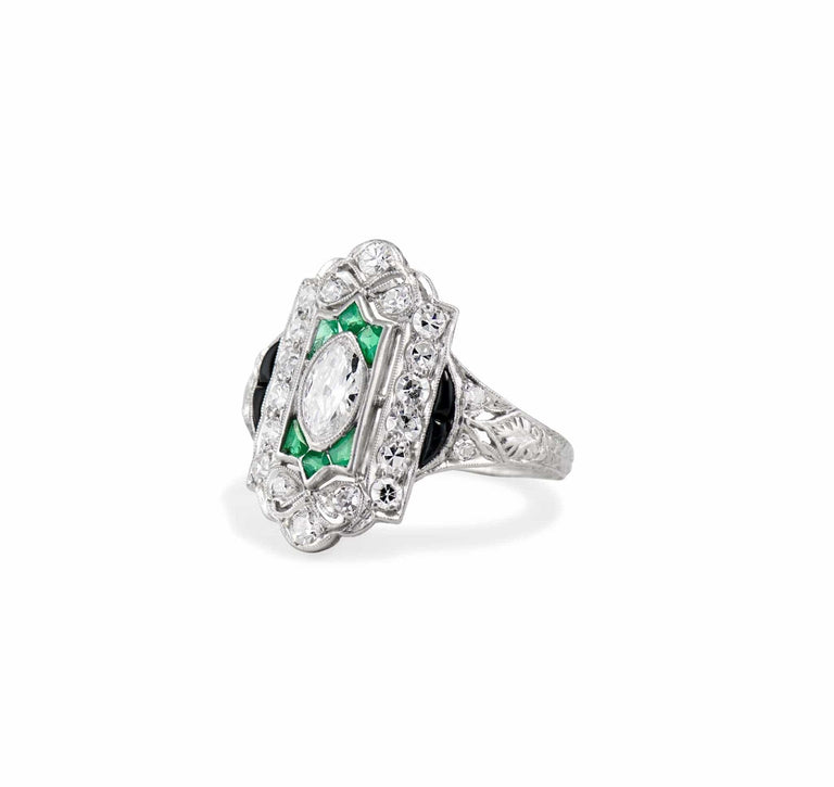 Art Deco .35 Carat Diamond Emerald and Onyx Engagement Ring