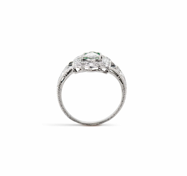 Art Deco .35 Carat Diamond Emerald and Onyx Engagement Ring