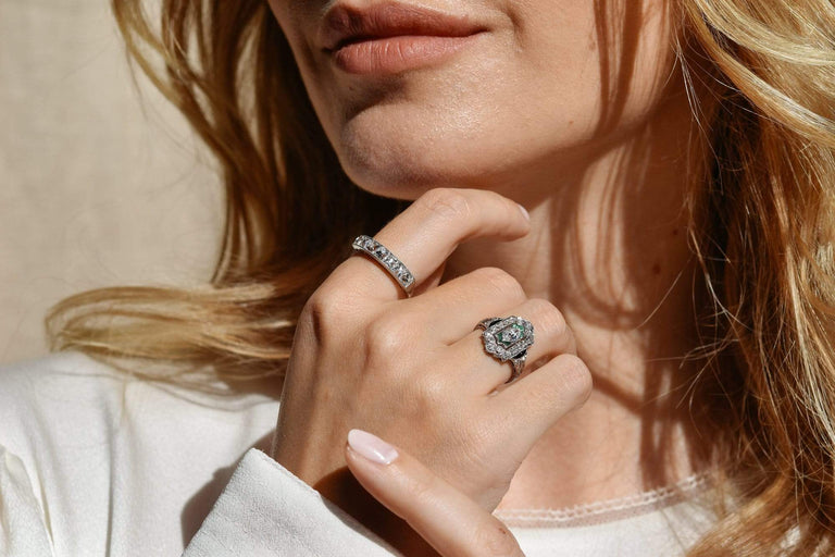 Art Deco .35 Carat Diamond Emerald and Onyx Engagement Ring