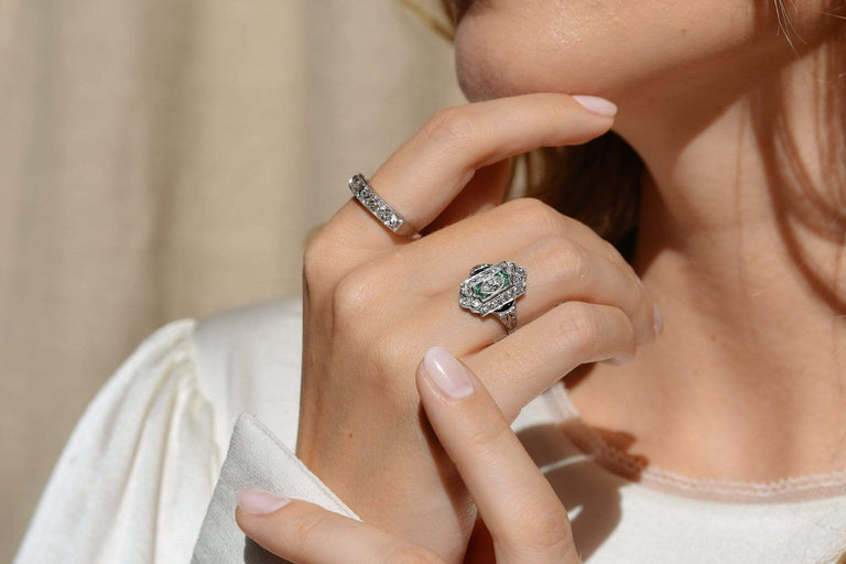 Art Deco .35 Carat Diamond Emerald and Onyx Engagement Ring