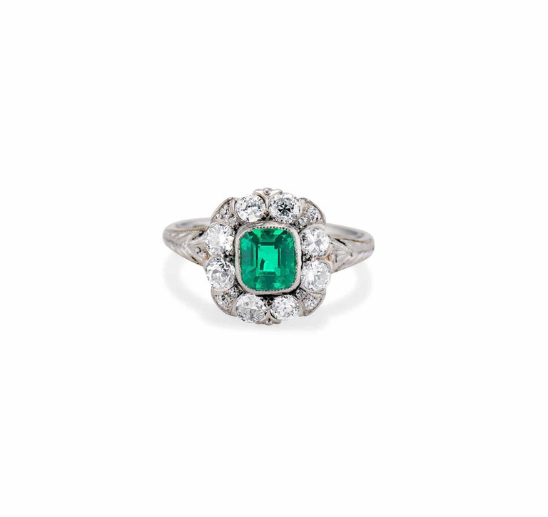 Art Deco .40 Carat Colombian Emerald and Diamond With Palm Engravings Engagement Ring