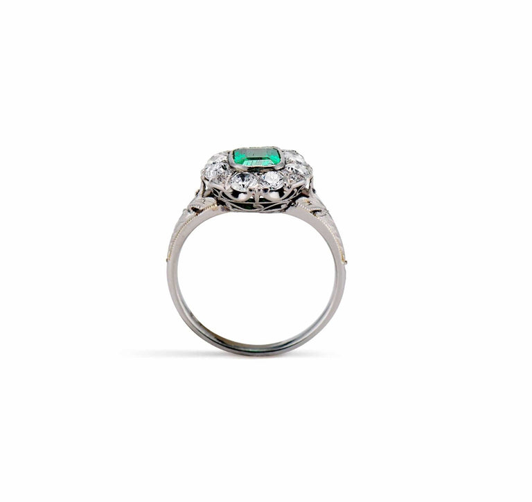 Art Deco .40 Carat Colombian Emerald and Diamond With Palm Engravings Engagement Ring