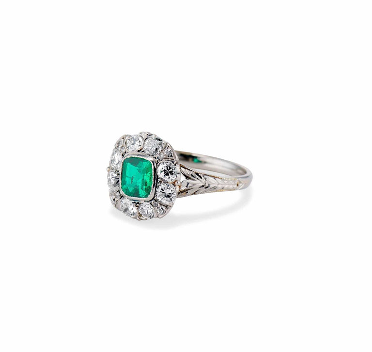 Art Deco .40 Carat Colombian Emerald and Diamond With Palm Engravings Engagement Ring