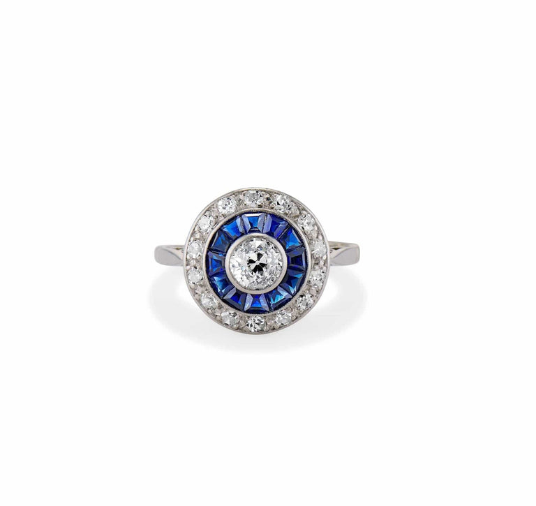 Art Deco .40 Carat Old European-Cut Diamond and Sapphire Target Ring, France