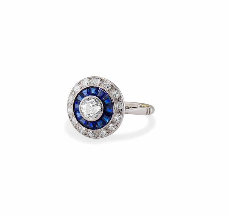 Art Deco .40 Carat Old European-Cut Diamond and Sapphire Target Ring, France
