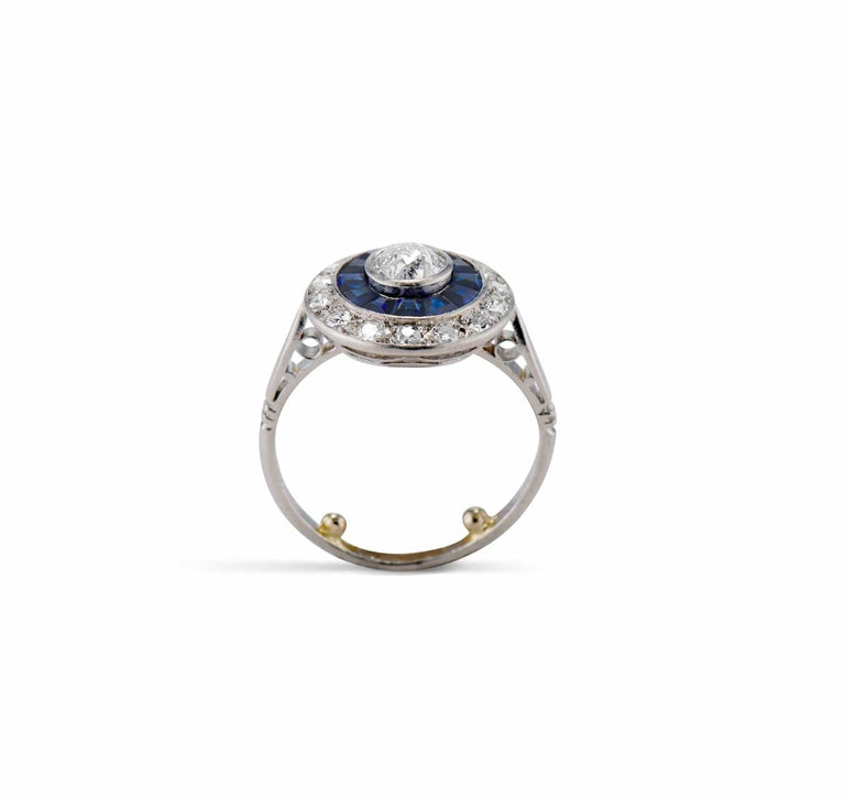 Art Deco .40 Carat Old European-Cut Diamond and Sapphire Target Ring, France