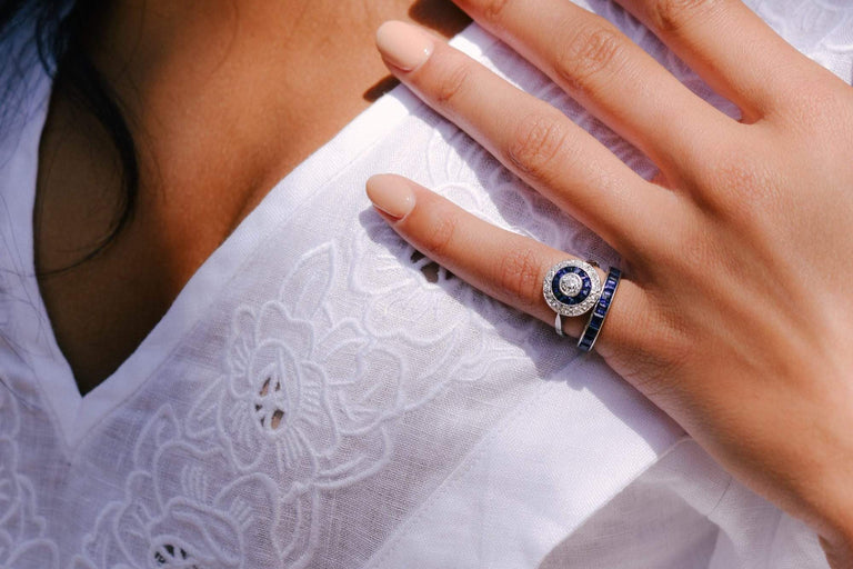 Art Deco .40 Carat Old European-Cut Diamond and Sapphire Target Ring, France