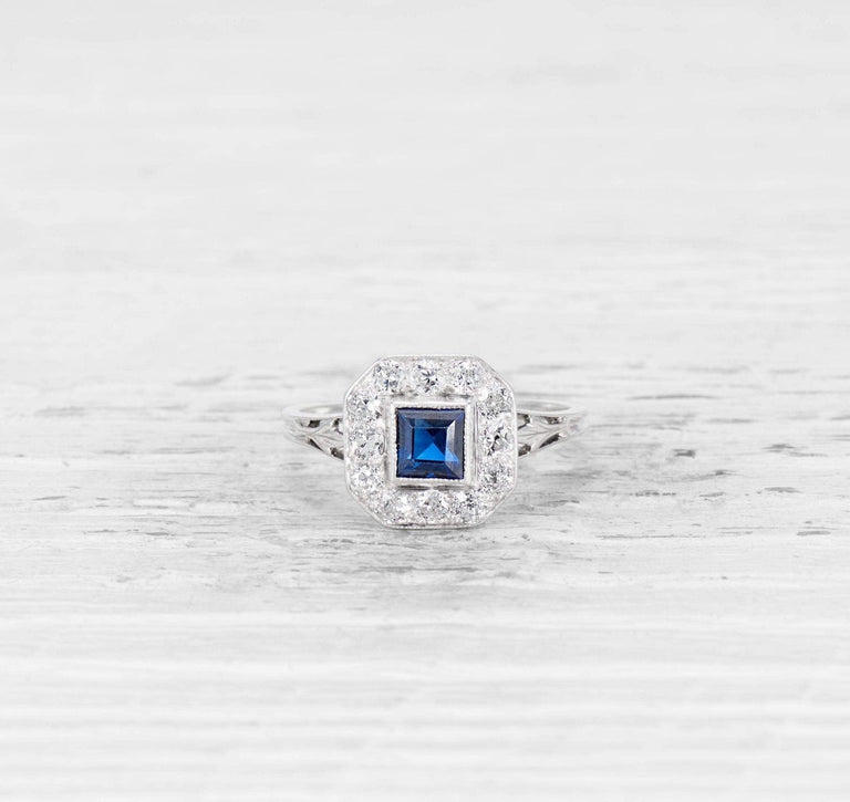 ART DECO .52 CARAT SAPPHIRE AND DIAMOND ENGAGEMENT RING