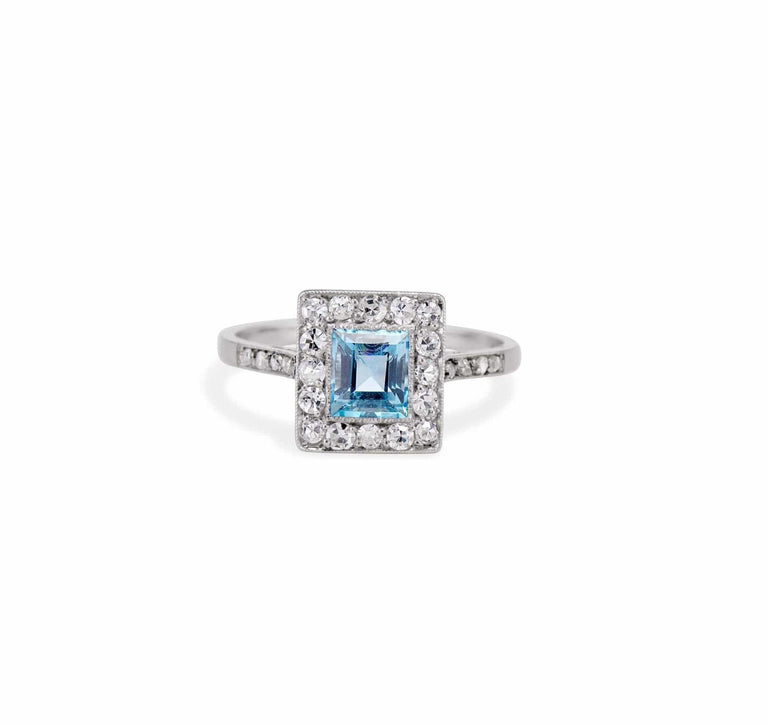 Art Deco .62 Carat Step-Cut Aquamarine and Diamond Ring