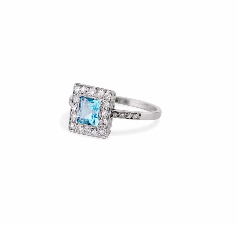 Art Deco .62 Carat Step-Cut Aquamarine and Diamond Ring