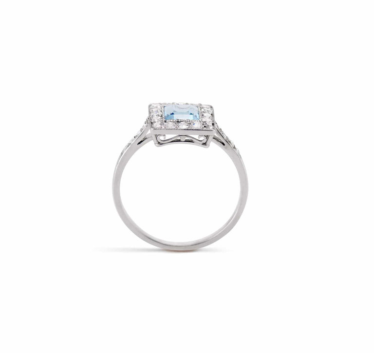 Art Deco .62 Carat Step-Cut Aquamarine and Diamond Ring