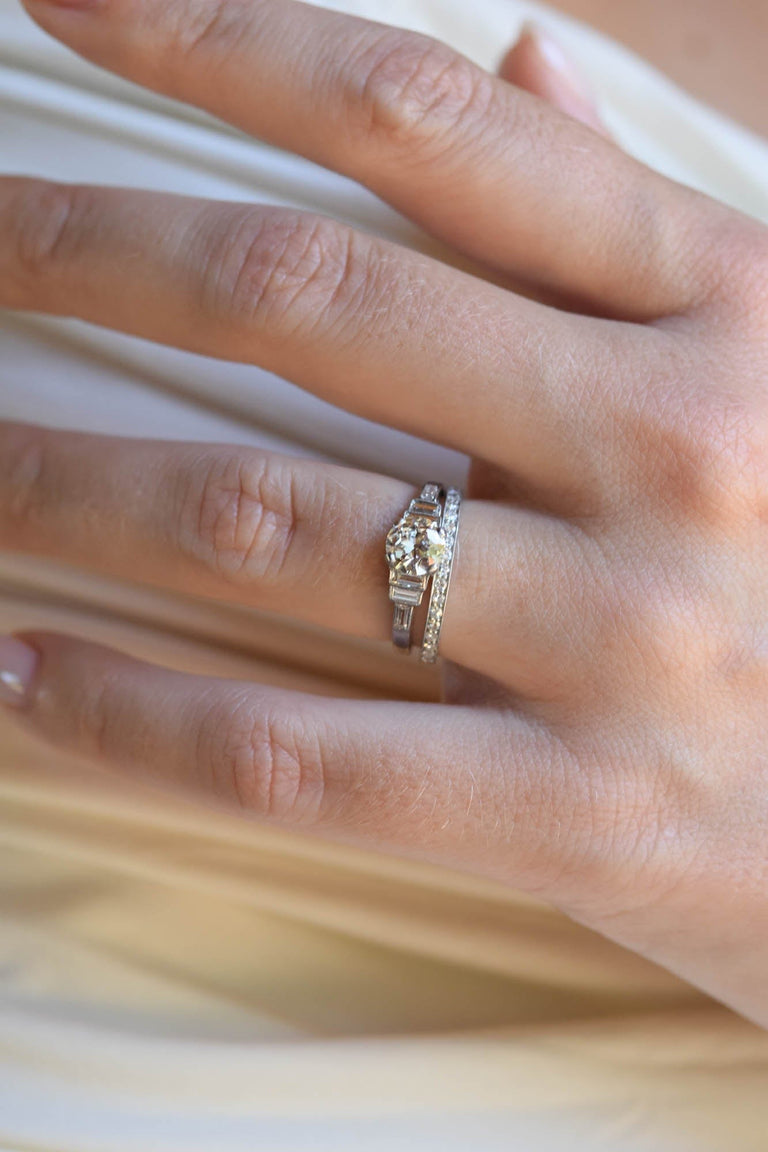 Art Deco .76 Carat Transitional Cut Diamond & Baguette Platinum Engagement Ring