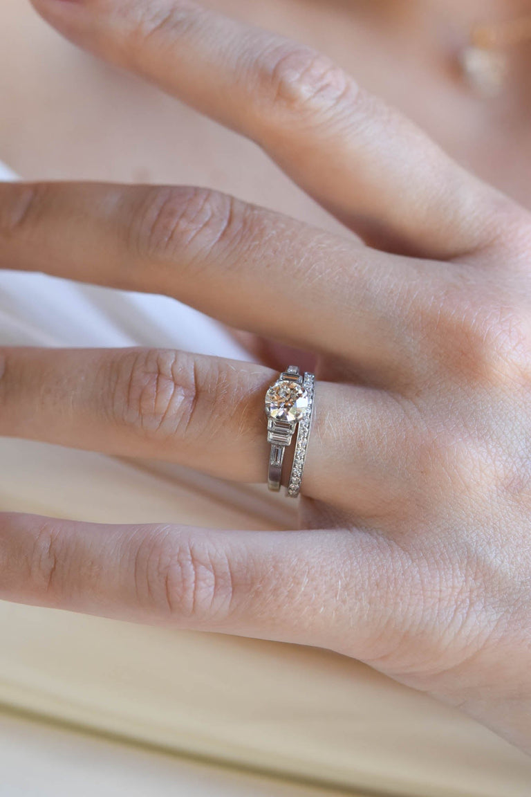 Art Deco .76 Carat Transitional Cut Diamond & Baguette Platinum Engagement Ring