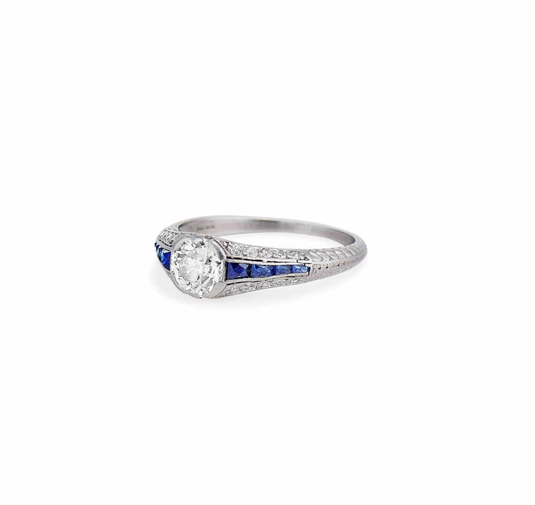 Art Deco .80 Carat Diamond & Sapphire Filigree Ring