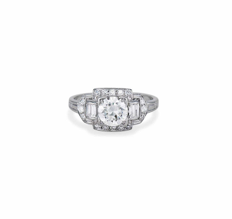 Art Deco .85 Carat Transitional Cut Diamond and Platinum Engagement Ring