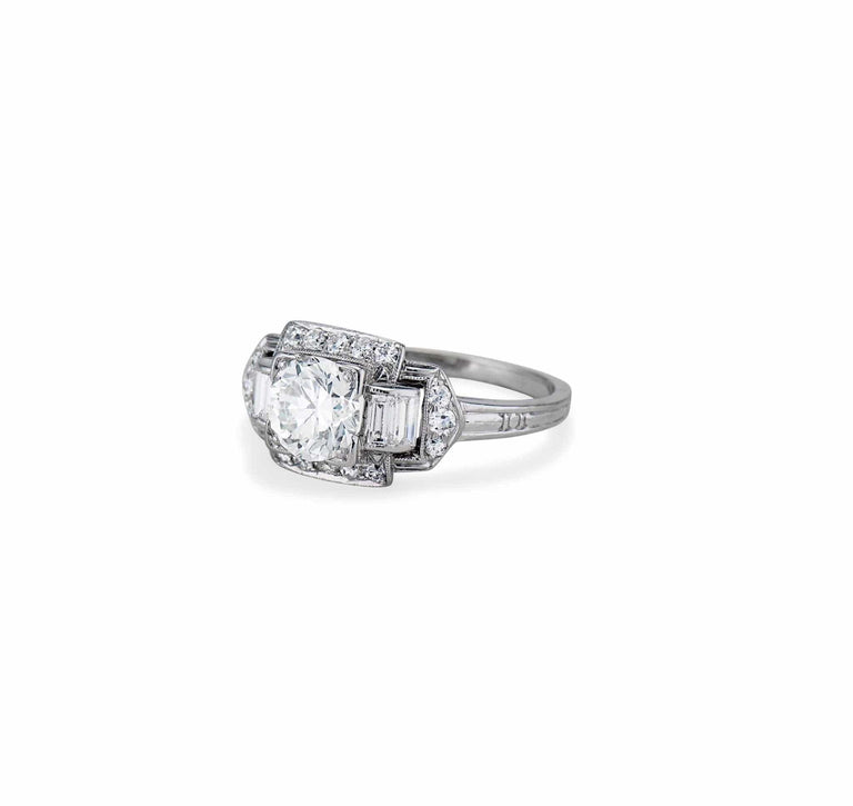 Art Deco .85 Carat Transitional Cut Diamond and Platinum Engagement Ring