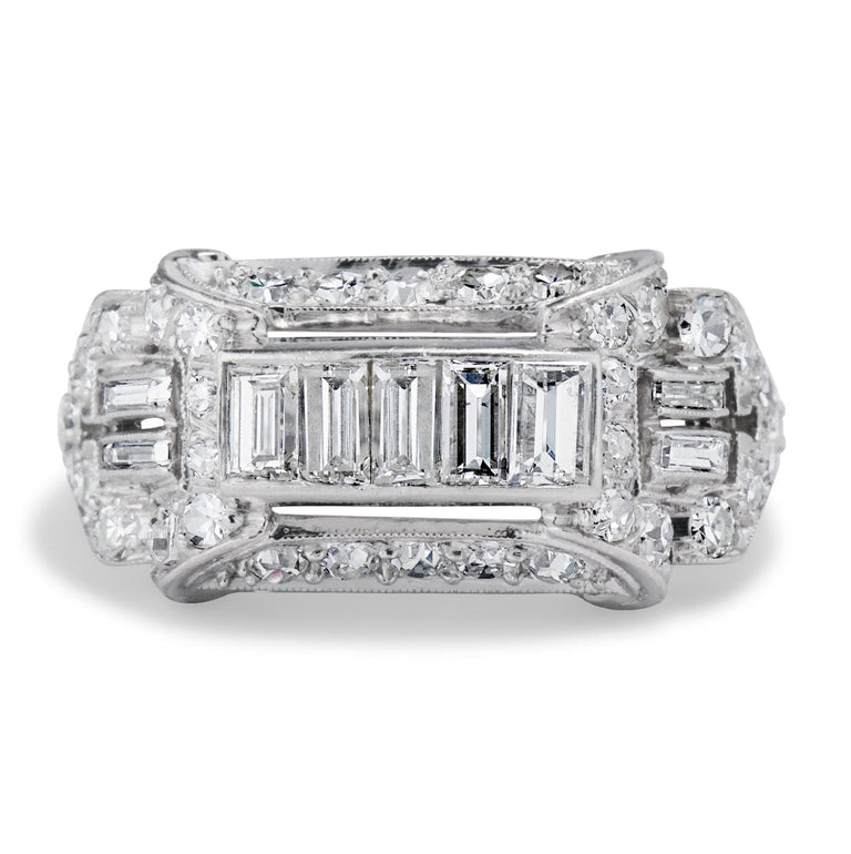 Art Deco Baguette & Round Diamond Statement Ring