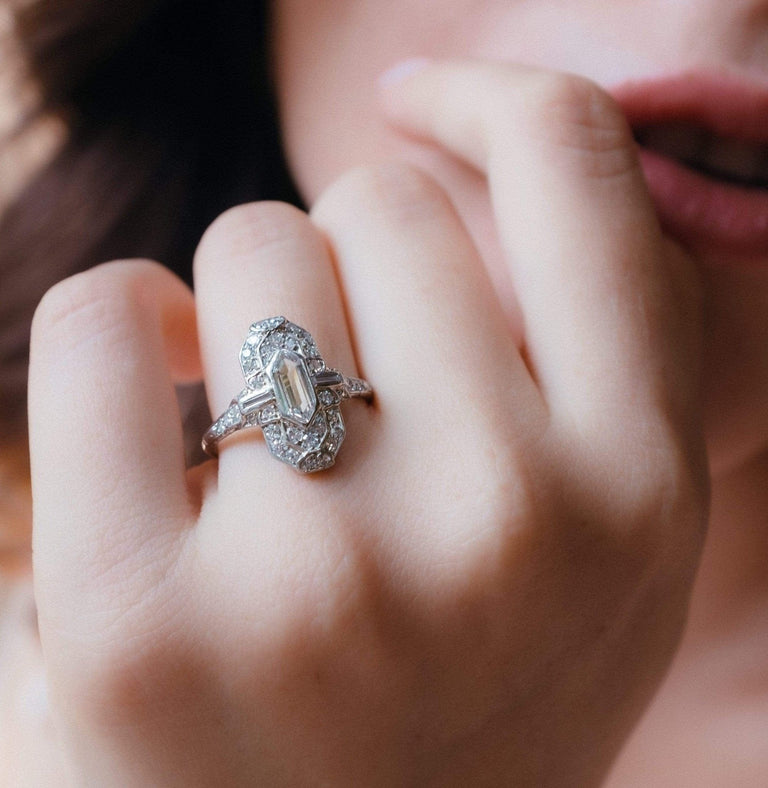 Art Deco Bullet Shaped Diamond Engagement Ring