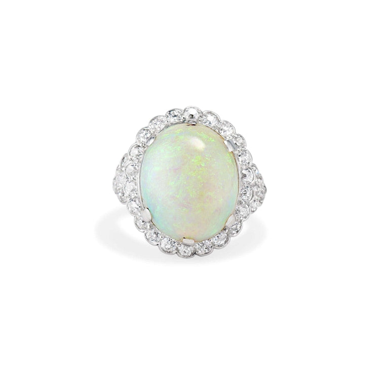Art Deco Cabochon Opal Diamond and Platinum Ring