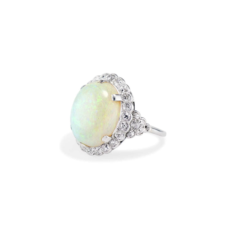 Art Deco Cabochon Opal Diamond and Platinum Ring