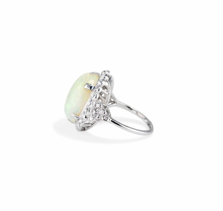 Art Deco Cabochon Opal Diamond and Platinum Ring