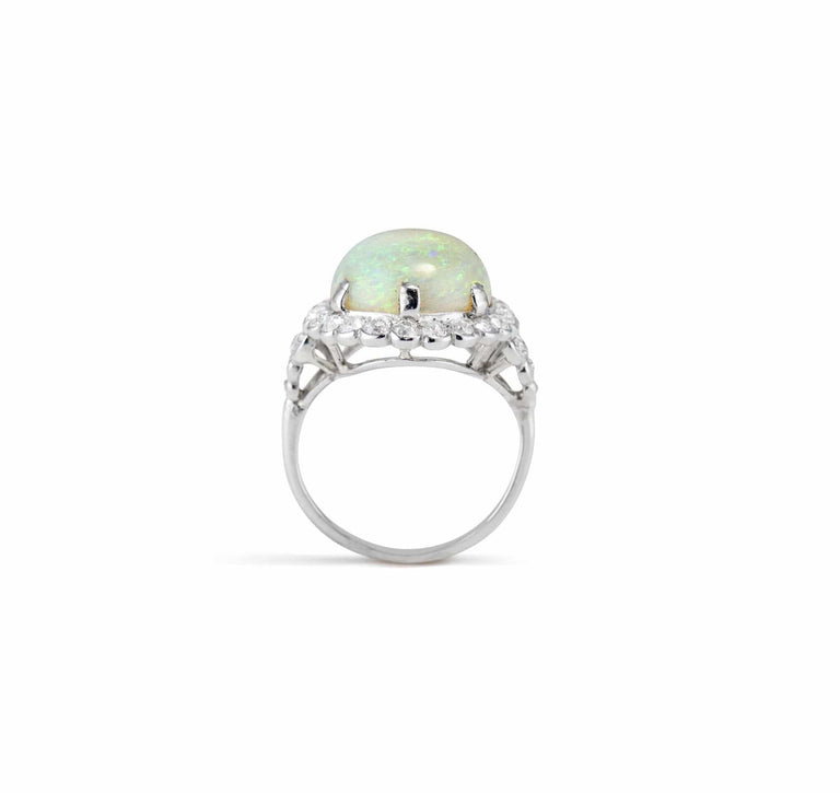 Art Deco Cabochon Opal Diamond and Platinum Ring